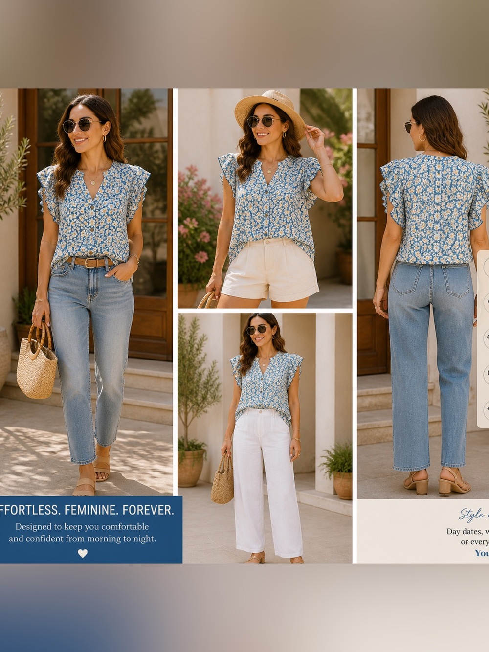 Staccato Blue Daisy Print Top with Cream Centers
